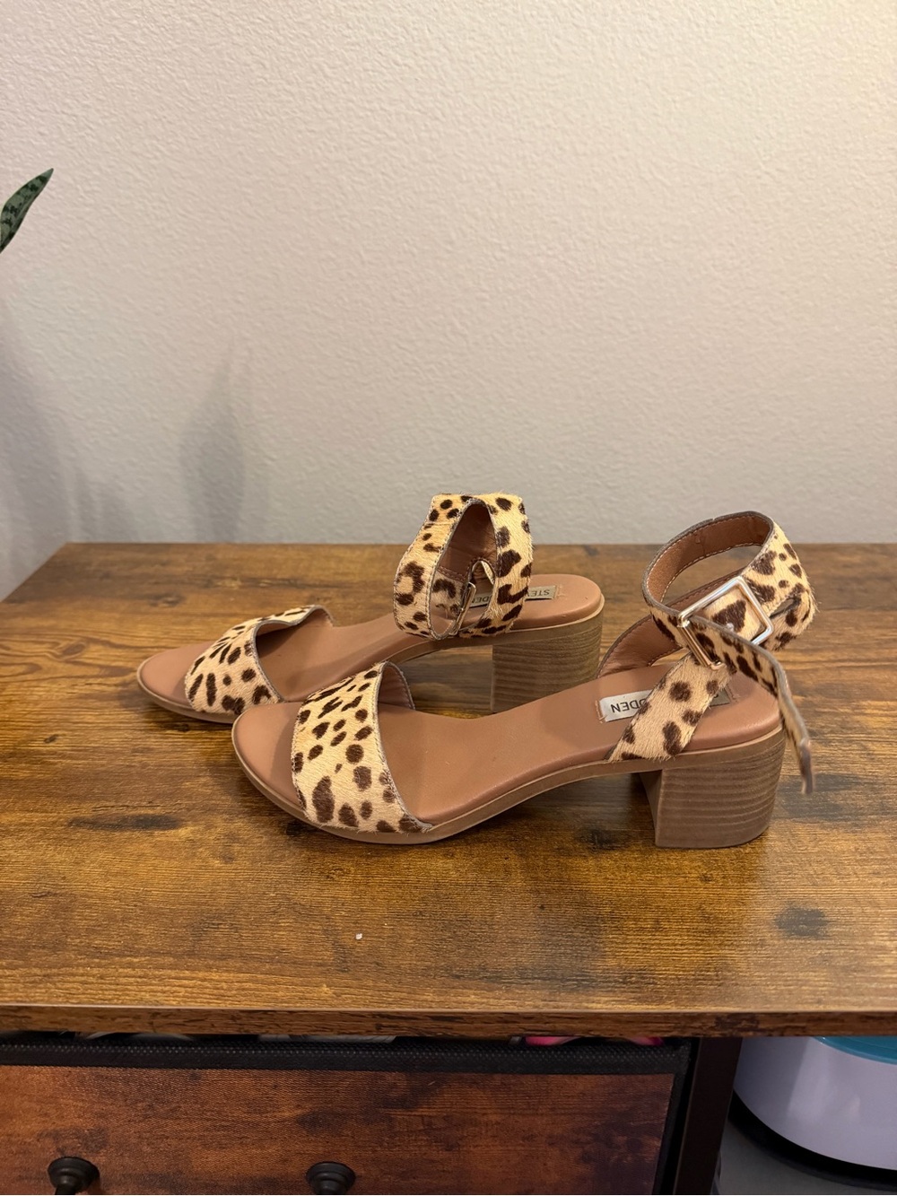 Steve Madden Leopard Print Ankle Strap Block Heels - Brown/Tan - Picture 3 of 4